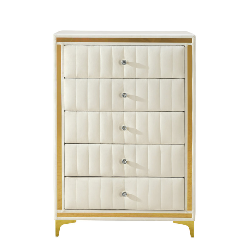 Monique Velvet Upholstered 5 Drawer Chest Fully Assembled Cream